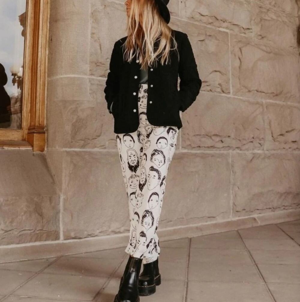 SHEKOU White Black Graphic Face Print High Rise Artsy Pants Abstract Artistic